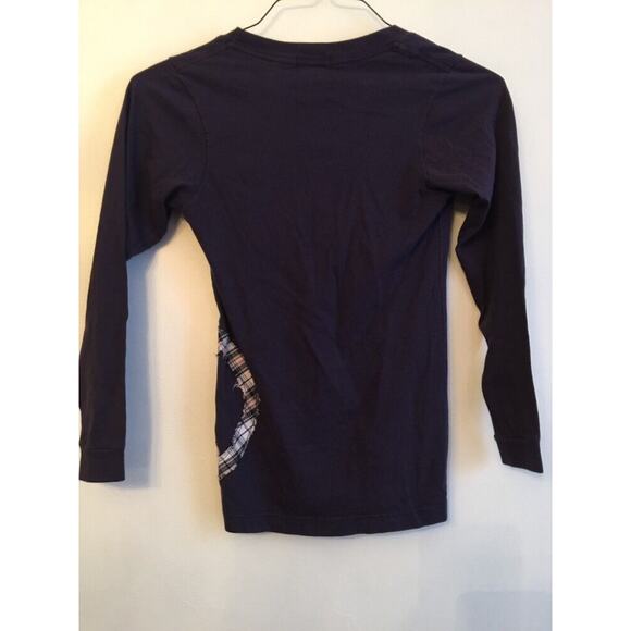 S (7/8) So Nikki Navy Blue Long Sleeve V-Neck Tshirt with Plaid Patch - Picture 5 of 6